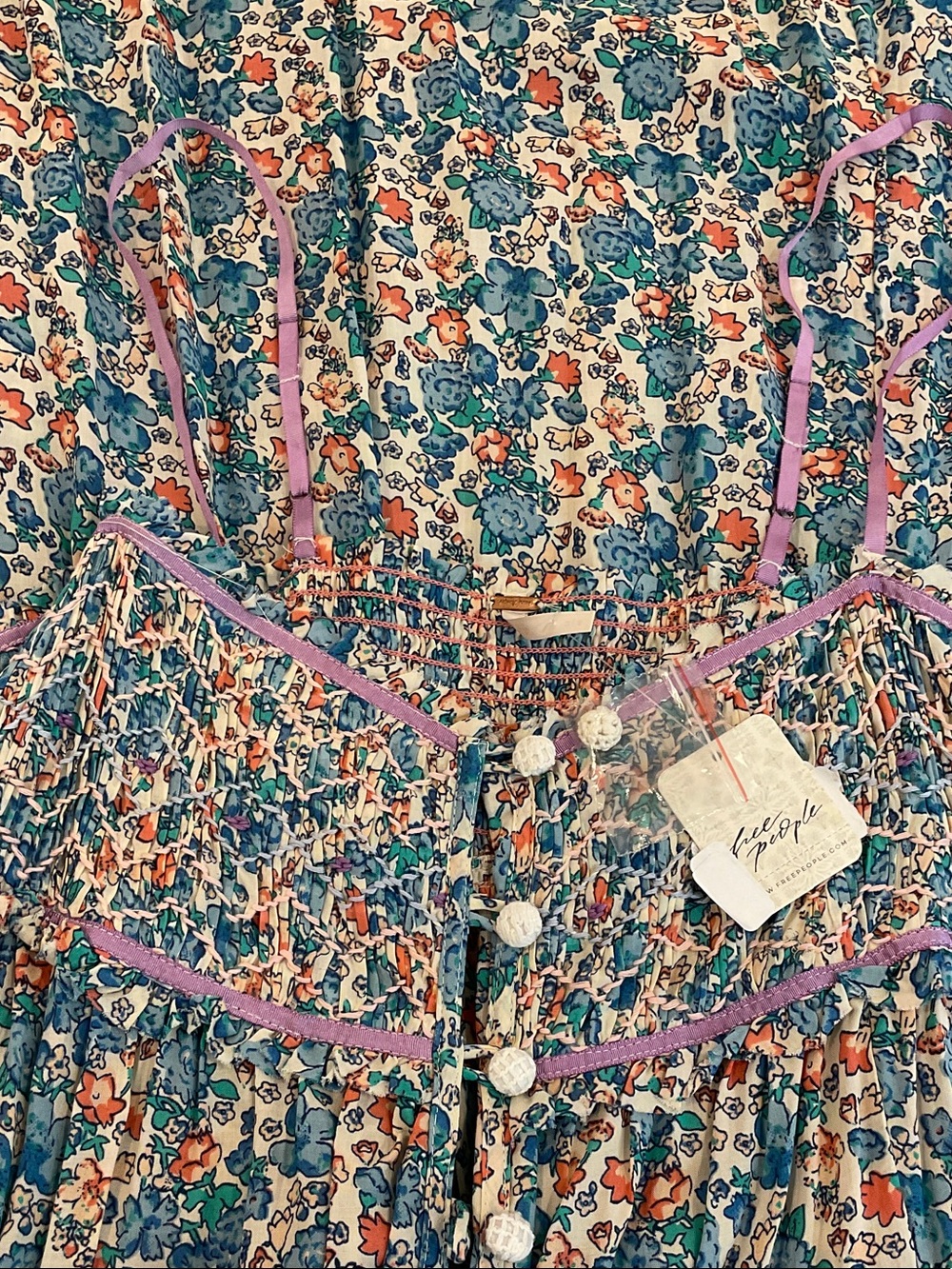 Free People Teal Floral Maxi DRESS with Purple Trim - Picture 3 of 3
